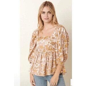 Astoria‎ Floral Puff Sleeve Smocked Babydoll Blouse Square Neckline - Size M